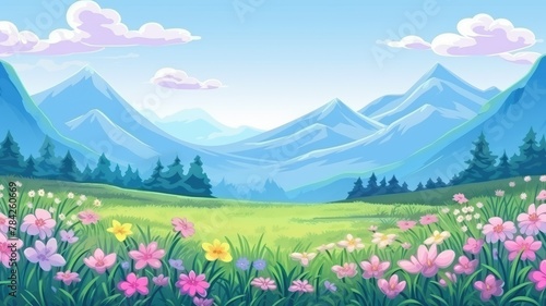 vibrant cartoon landscape with lush hills, a meandering path, and a cheerful sky © chesleatsz