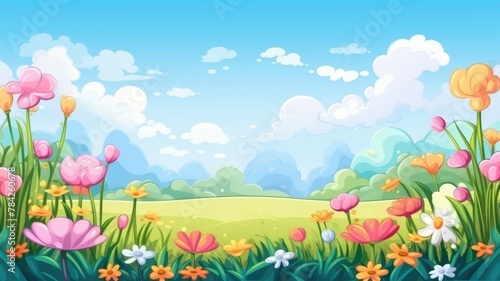 vibrant cartoon landscape with lush hills, a meandering path, and a cheerful sky