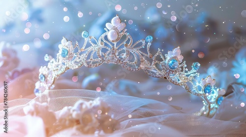 beautiful white crown with sky blue  stone on shinny sparkling  background 