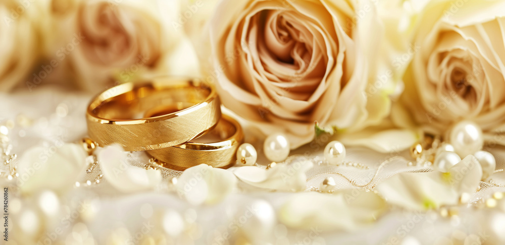 Banner with Elegant Wedding Bands with Brushed Texture on a Bed of Ivory Roses and Pearls. Copy space. Generative AI Banner with Elegant Wedding Bands with Brushed Texture on a Bed of Ivory Roses and Pearls. Copy space. Generative AI