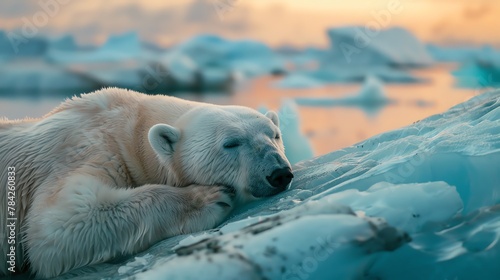 Capture a close-up shot of a serene white polar bear lying down on a broken piece of blue glacial ice. The background shows the vast, open Arctic waters of Svalbard, Norway, under the enchanting color