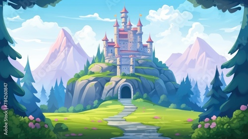 whimsical castle atop hills, surrounded by greenery and mountains under a serene sky