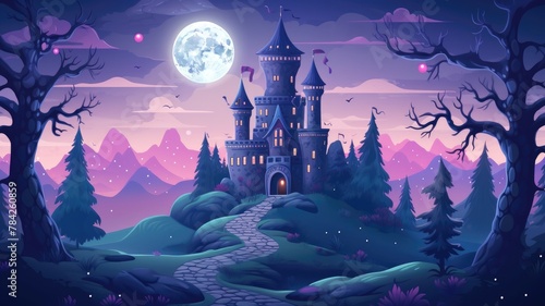 cartoon Fairy tale castle in mountains at night. V