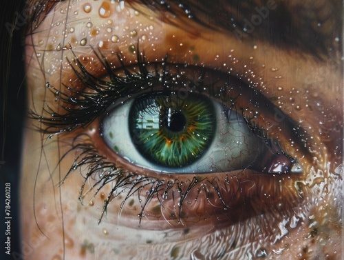 Hyper-Realistic Close-Up of a Human Eye With Water Droplets Captured in High Definition