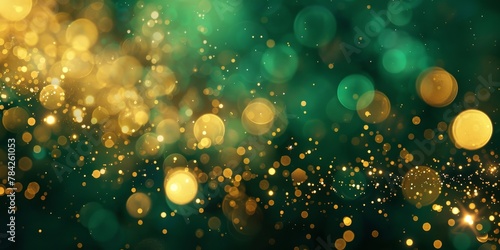 Golden Bokeh Lights on a Deep Green Background in Soft Focus