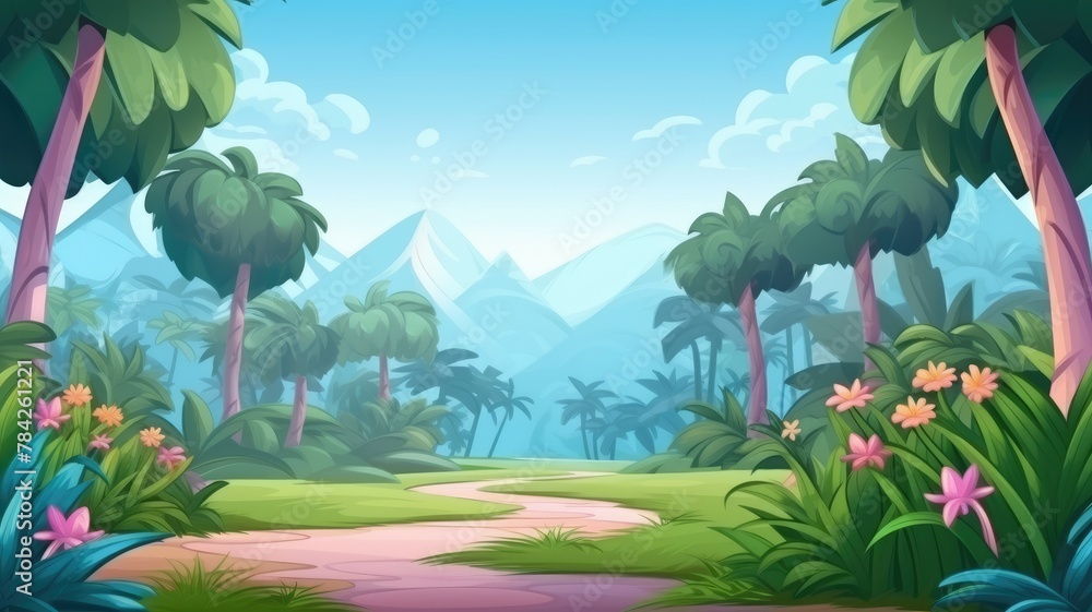 Fototapeta premium serene forest path, inviting adventure with lush greenery and vibrant flowers