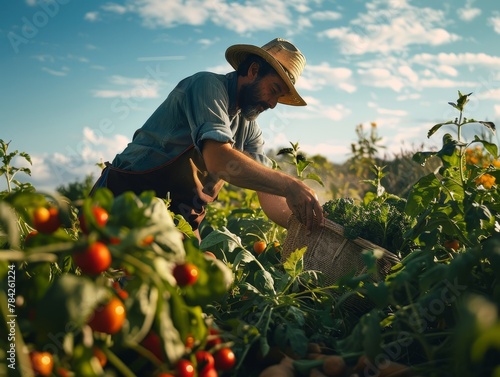 Farmer Harvesting Ripe Tomatoes in a Sunlit Field at Dusk
