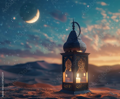 Tranquil Evening in the Sahara Desert With a Traditional Lantern Under a Crescent Moon