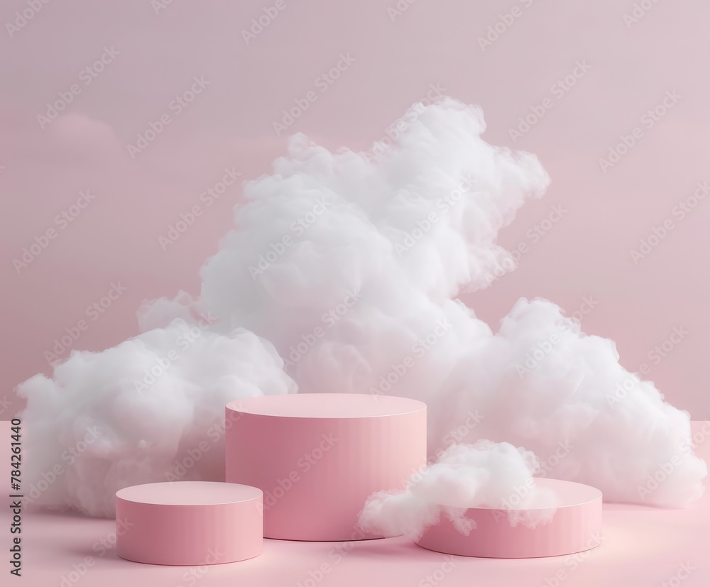 Serene Pink Podium Display With Fluffy Clouds in a Pastel Setting Serene Pink Podium Display With Fluffy Clouds in a Pastel Setting