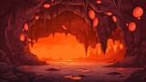 mystical cave with glowing red orbs and silhouetted stalactites under a warm sunset sky