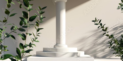 Sunlit Classical Column on a Podium With Lush Green Plant Shadows photo