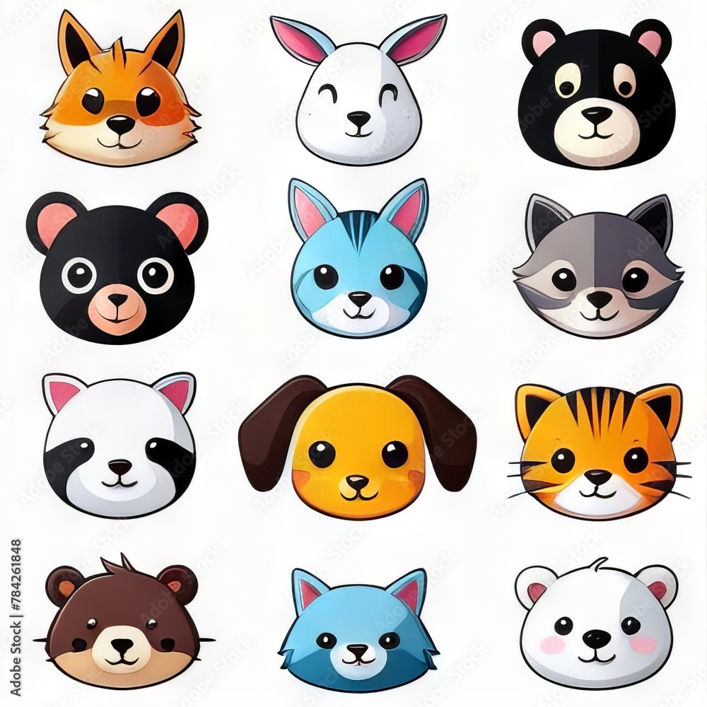 Collection of cute animal faces on white background. Stickers for design.