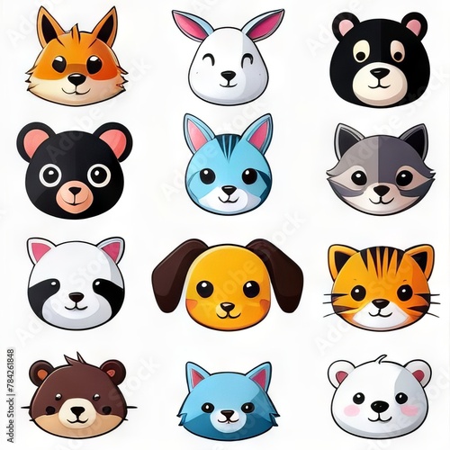 Collection of cute animal faces on white background. Stickers for design.