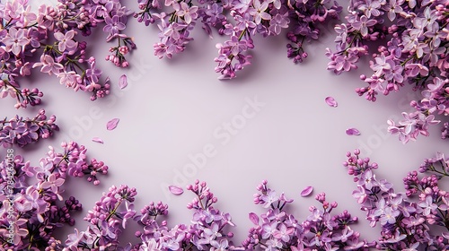 Top view of a purple surface decorated with lilac flowers as a frame with a big space inside of it for text or product, Generative AI.