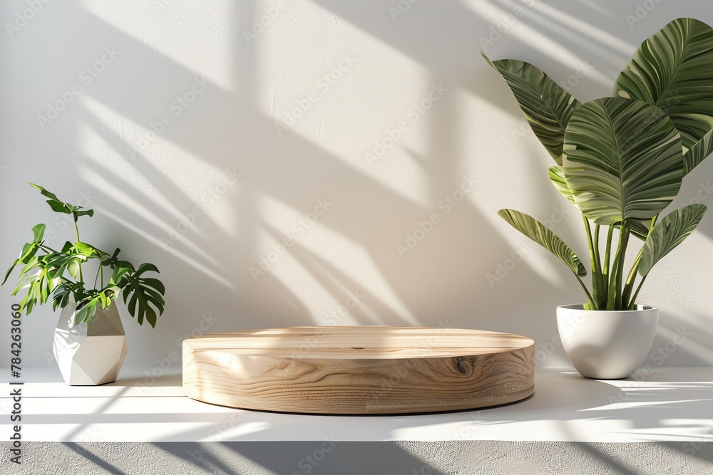 Beautiful round wooden empty podium for product stage, mockup product display