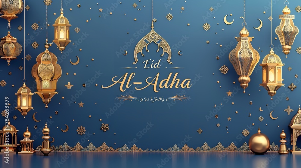 Illustration of a backdrop written with Eid al-Adha with Arabian style of theme a background illustration for text or product, Generative AI. - obrazy, fototapety, plakaty 