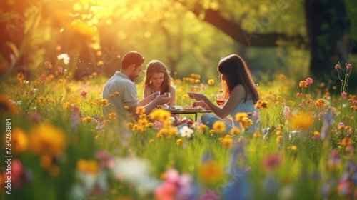 A happy family gathered in a natural landscape, enjoying a picnic amidst blooming flowers, lush grass, and under the warm sunlight. AIG41