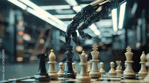 Human and robotic hand reaching for chess pieces in a bright  futuristic setting  showcasing a harmonious man  machine interaction photo