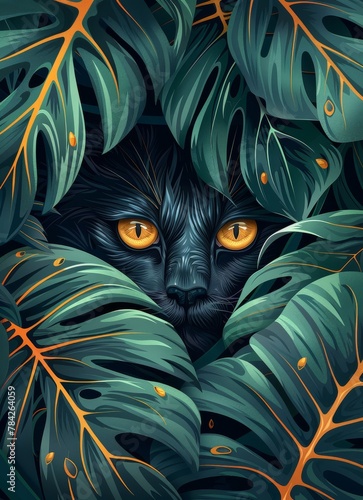 A black cat, almost imperceptible among the verdant foliage, holds a vigilant gaze, its amber eyes a striking contrast to the surrounding leaves.
