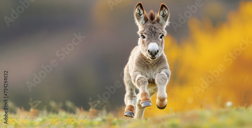 A baby donkey running through a field of yellow flowers. Concept of innocence and playfulness, as the young donkey is full of energy and curiosity. a cute and exuberant baby donkey takes center stage photo