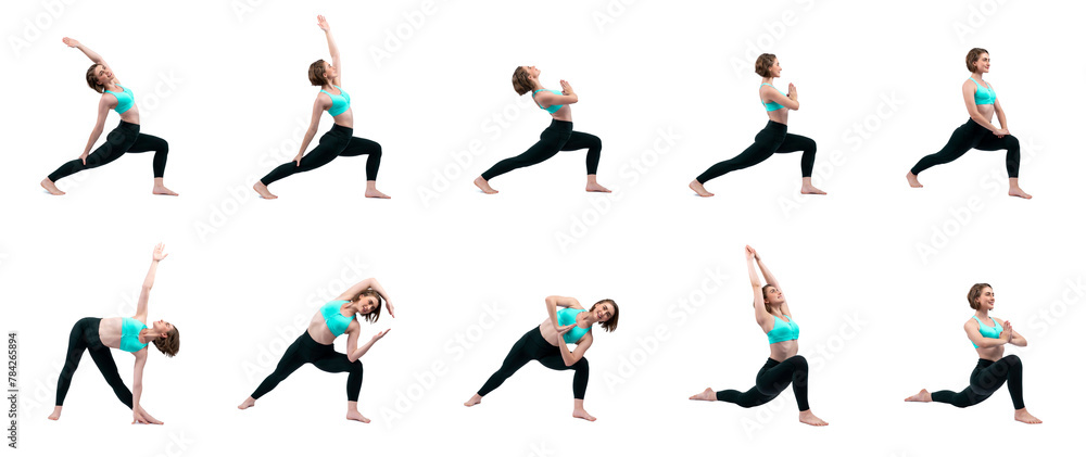 Healthy and active young woman in sportswear with different professional fitness posture set of yoga training session. Meditation yoga exercise on isolated background in gaiety full body length shot. - obrazy, fototapety, plakaty 