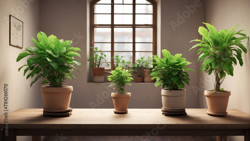 A wooden table with potted plants near a large window.

