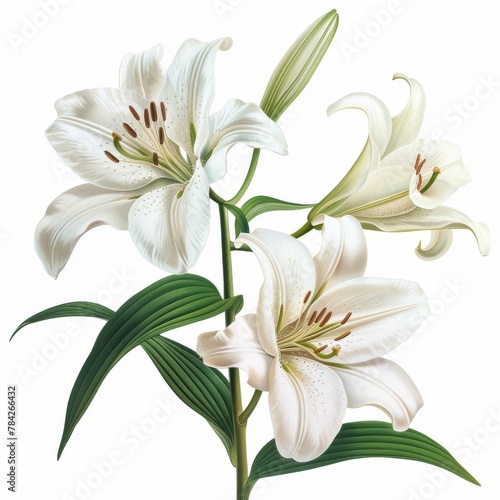 An illustration of pure white lily flowers with detailed petals and stamens  symbolizing purity and grace  isolated on a white background.