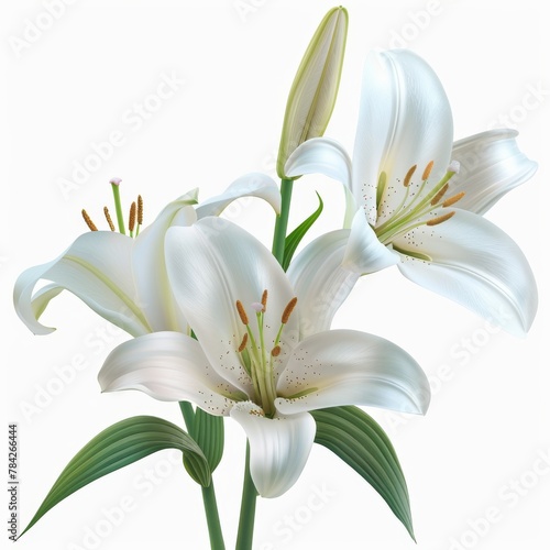 A trio of white lilies blooms with elegance  their curved petals and golden stamens captured in a lifelike botanical portrait  embodying tranquility and natural beauty.