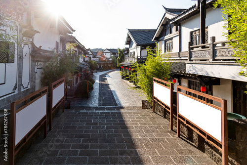 Empty road outside Chinese ancient buildings