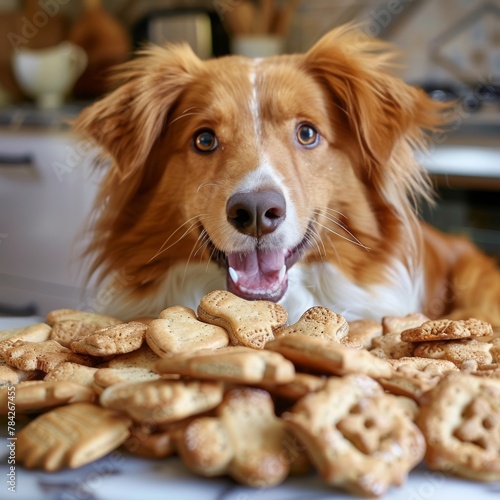 A delighted ginger and white dog gazes eagerly at a pile of dog biscuits  capturing the moment of pure  treat-fueled happiness in a cozy kitchen setting.