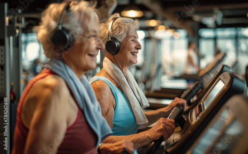 A woman with short blonde hair wearing pink fitness attire is running on a treadmill in front of her husband who has a gray beard. © Kien