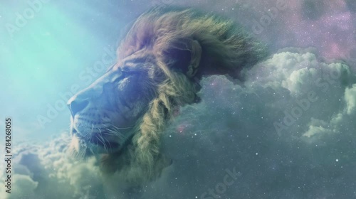 lion's head from the side above the clouds . seamless looping time-lapse virtual video Animation Background. photo
