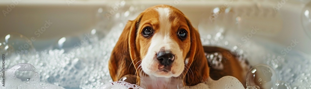 A beagle dog puppy taking a bubble bath. Soap bubbles.