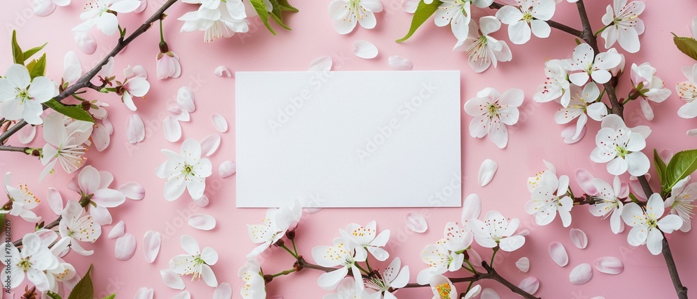 A blank greeting card surrounded by beautiful white spring blossoms on a pink background