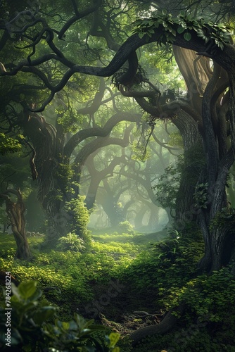 A beautiful fairytale enchanted forest with big trees and great vegetation. © Creative_Bringer