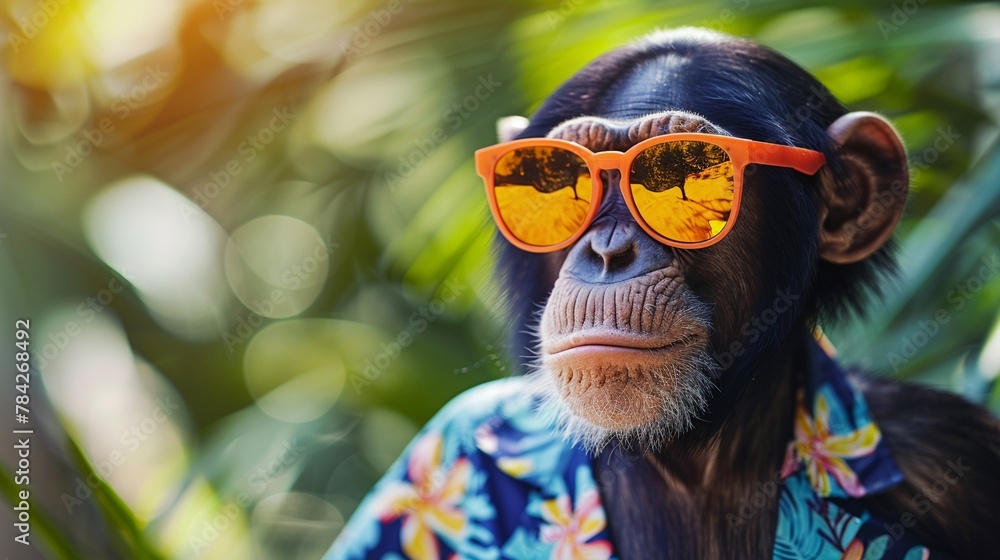 A cool chimpanzee sporting orange sunglasses and a colorful Hawaiian shirt A cool chimpanzee sporting orange sunglasses and a colorful Hawaiian shirt