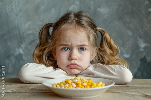 Unhappy girl kid getting bored of food with appetite loss, no hungry habit, eating disorder. World eating disorders action day