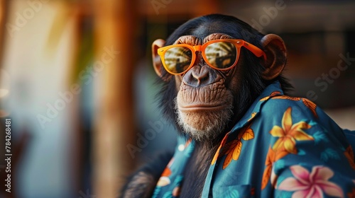 A cool chimpanzee sporting orange sunglasses and a colorful Hawaiian shirt
