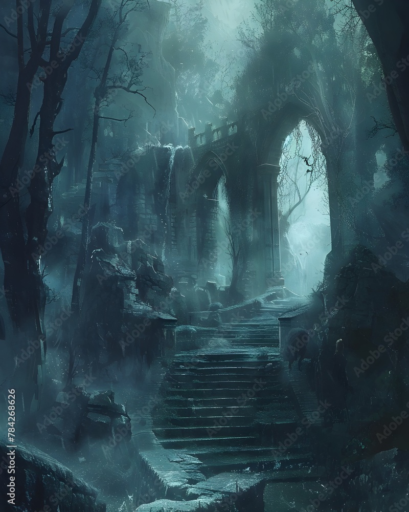 Shadowy Archway within the Haunting Gothic Forest Lures Unwary Souls