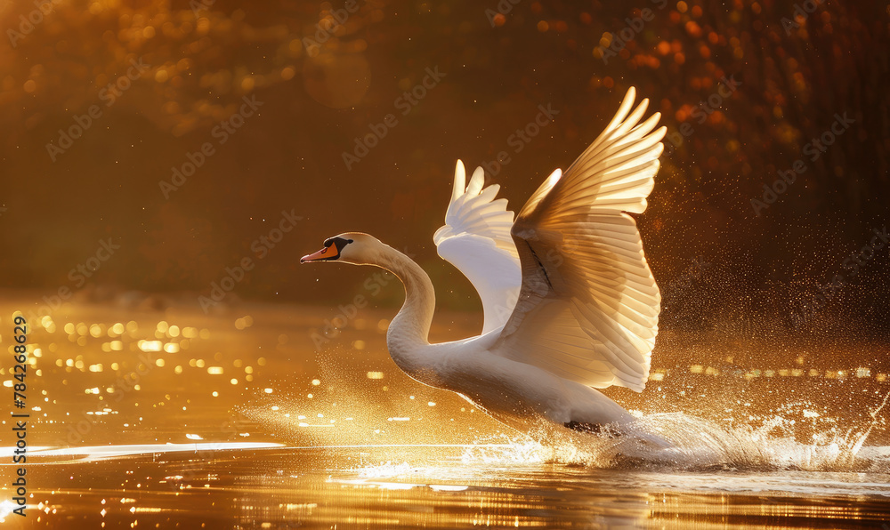Elegant swan gracefully gliding over the water, wings spread wide ...