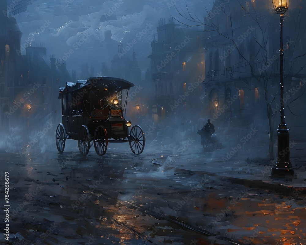 Spectral Carriage Traversing Fog-Shrouded Cobblestone Streets of a Moody,Atmospheric City