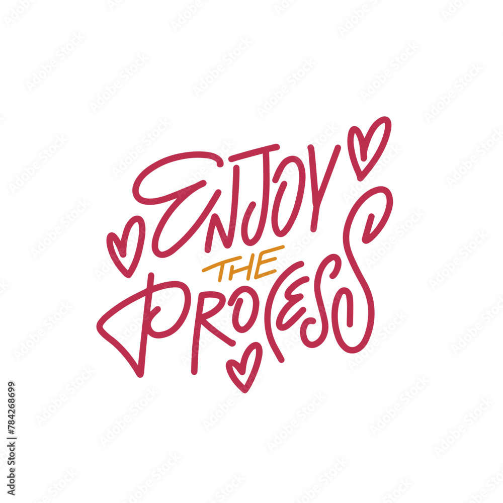 Enjoy the process colorful lettering phrase. Line art style typography vector art.