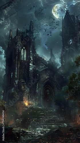 Gothic Ruins Under a Haunting Midnight Moon - A Forgotten Spirit Wanders Through Moody,Supernatural Scenery