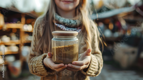 Young girl holding vintage storage jar in her hand. Street market, second hand old household objects for sale at flea market, garage sale, thrift store, charity shop. Zero waste, 