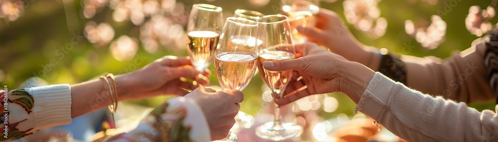 A group of friends toast with wine glasses during a cheerful spring picnic under blooming cherry blossom trees.