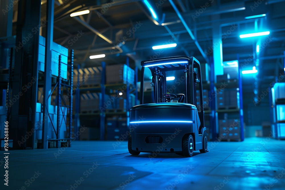 A futuristic warehouse showcasing a hightech autonomous forklift with glowing blue lights and advanced technology A futuristic warehouse showcasing a hightech autonomous forklift with glowing blue lights and advanced technology