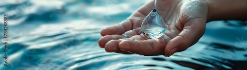 A Hands delicately holding a pristine water drop photo