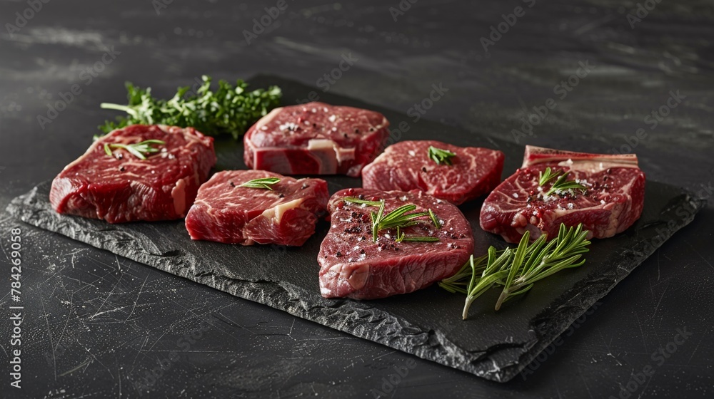 A selection of premium raw steaks arranged on a dark stone surface offering a variety of cuts garnished with fresh herbs