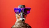 A quirky portrait of a duck sporting stylish purple sunglasses against a vibrant red background.