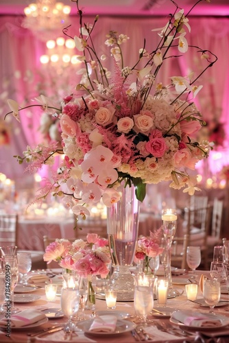 A romantic wedding venue adorned with elegant pink floral arrangements.
